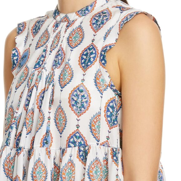 CHLOÉ Tiered Ceramic Print Babydoll Silk Mini Dress Paisley White Blue Sz 42 10 - Picture 3 of 11